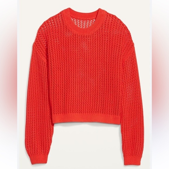 ❤️2/$30❤️M]Old Navy Long Sleeve Cropped Crochet Red Open Knit Sweater 100 Cotton - Picture 3 of 11